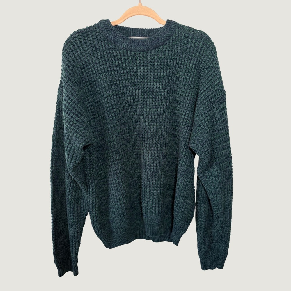 David Taylor Mens Large Forest Green Navy Blue Waffle Knit Crewneck Sweater L